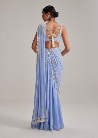 Dew blue linear mirror embroidered draped sari and blouse
