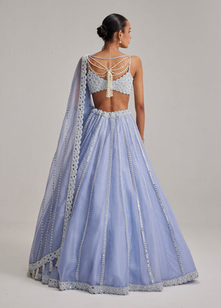 Dew blue linear mirror organza lehenga set