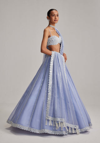 Dew blue linear mirror organza lehenga set