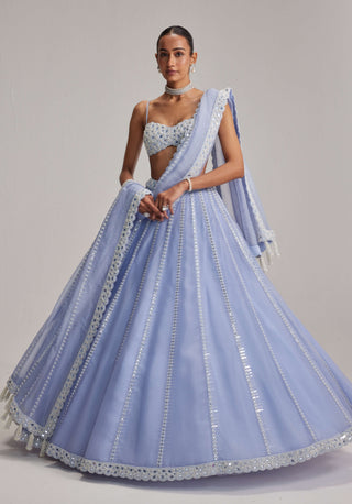 Dew blue linear mirror organza lehenga set