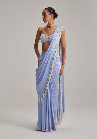 Dew blue satin draped sari and blouse