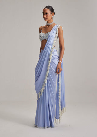 Dew blue satin draped sari and blouse
