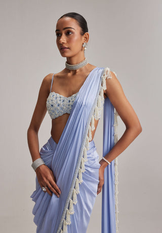 Dew blue satin draped sari and blouse