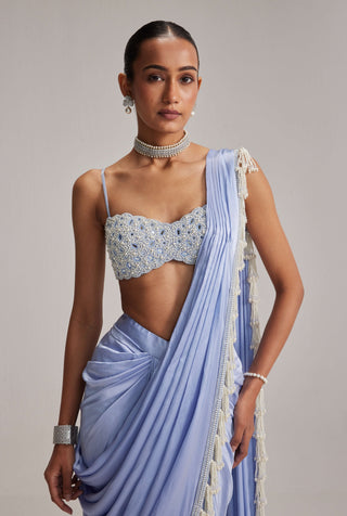 Dew blue satin draped sari and blouse
