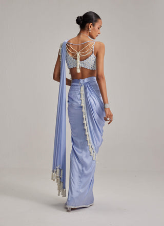 Dew blue satin draped sari and blouse