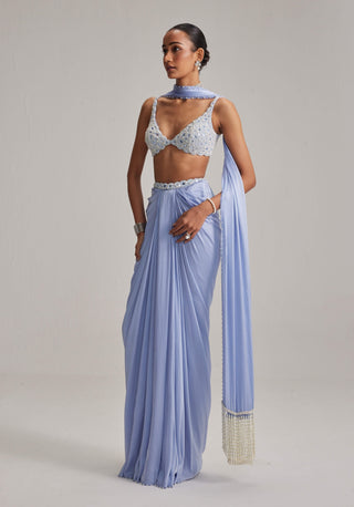 Dew blue satin draped skirt set
