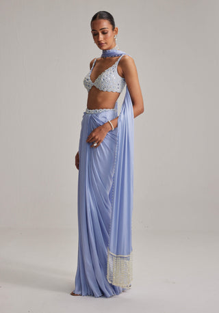 Dew blue satin draped skirt set