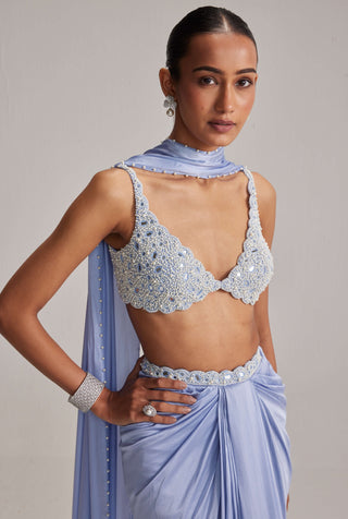 Dew blue satin draped skirt set