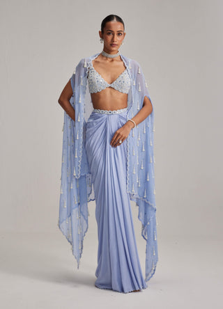 Dew blue cape and satin draped skirt set