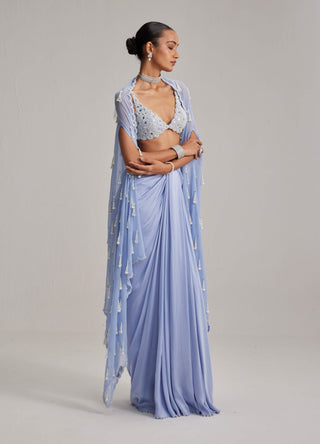 Dew blue cape and satin draped skirt set