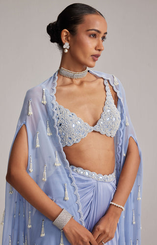 Dew blue cape and satin draped skirt set