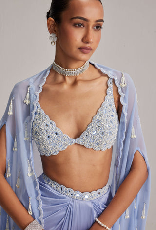 Dew blue cape and satin draped skirt set