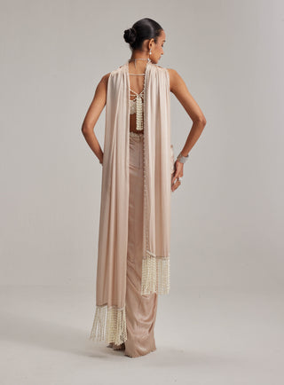 Light beige satin draped skirt set