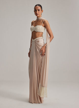 Light beige satin draped skirt set