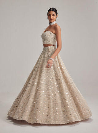 Light beige dense mirror and pearl corset lehenga set