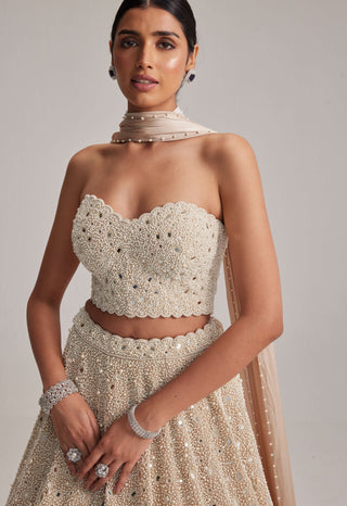 Light beige dense mirror and pearl corset lehenga set