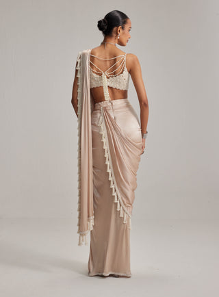 Light beige draped sari and blouse