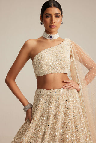 Light beige dense mirror and pearl one shoulder lehenga set