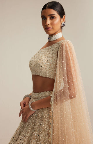 Light beige dense mirror and pearl one shoulder lehenga set