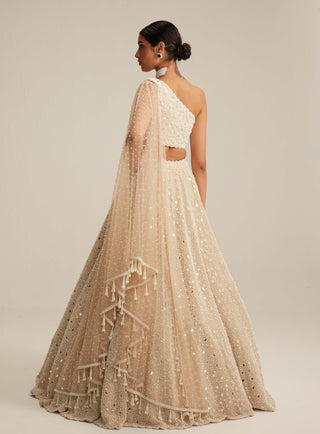 Light beige dense mirror and pearl one shoulder lehenga set