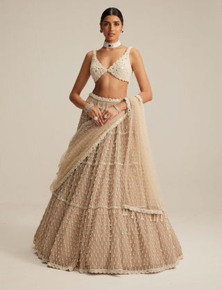 Light beige pearl drop multi tier lehenga set