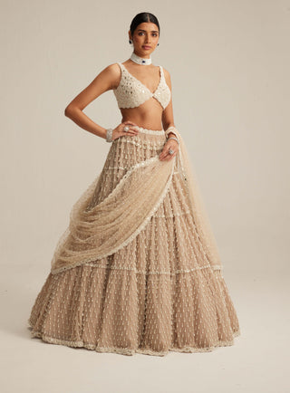 Light beige pearl drop multi tier lehenga set