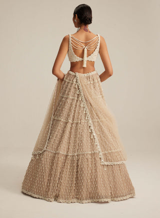 Light beige pearl drop multi tier lehenga set