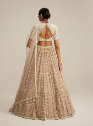 Light beige pearl drop multi tier lehenga set