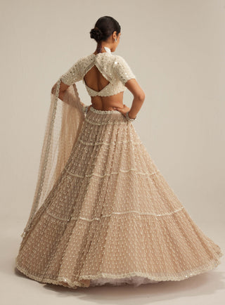 Light beige pearl drop multi tier lehenga set