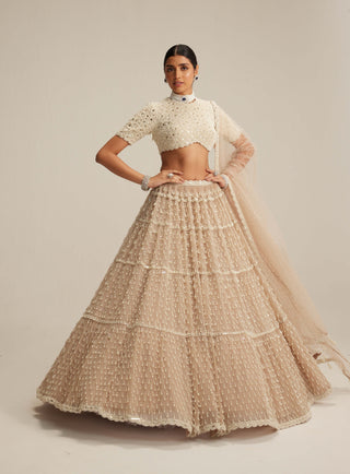 Light beige pearl drop multi tier lehenga set