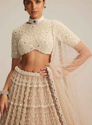Light beige pearl drop multi tier lehenga set