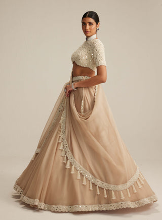 Light beige organza mirror and pearl lehenga set