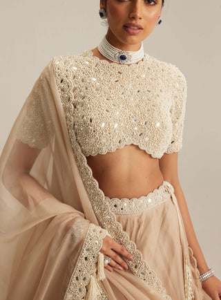 Light beige organza mirror and pearl lehenga set