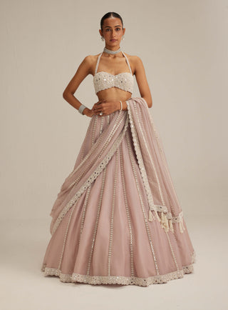 Ash pink linear embroidered organza lehenga set