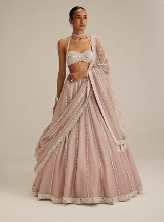 Ash pink linear embroidered organza lehenga set