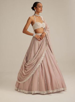 Ash pink linear embroidered organza lehenga set