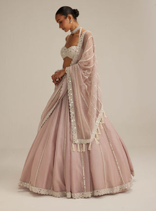 Ash pink linear embroidered organza lehenga set
