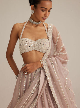 Ash pink linear embroidered organza lehenga set