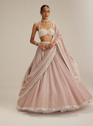 Ash pink linear embroidered organza lehenga set