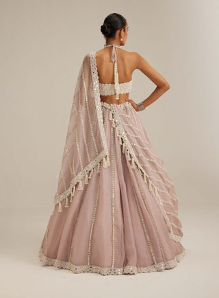 Ash pink linear embroidered organza lehenga set