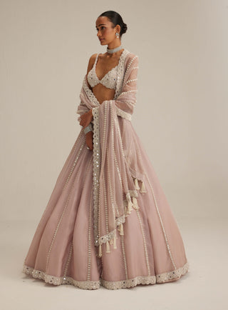 Ash pink pearl mirror linear lehenga set