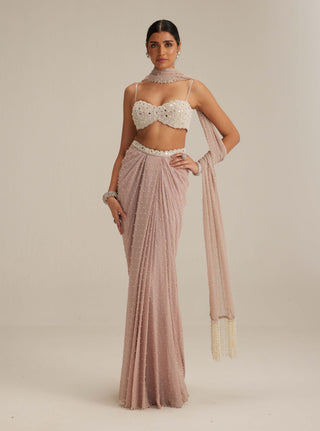 Ash pink pearl scattered draped skirt set