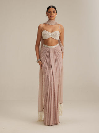 Ash pink pearl scattered draped skirt set