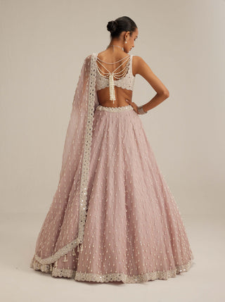 Ash pink pearl drop organza lehenga set