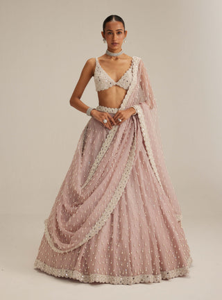 Ash pink pearl drop organza lehenga set