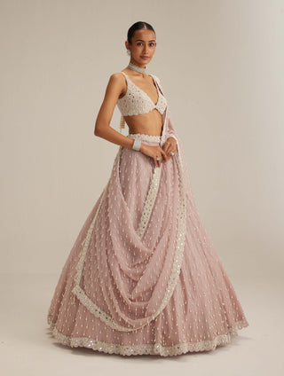 Ash pink pearl drop organza lehenga set