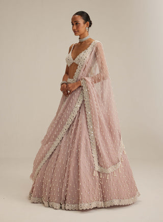 Ash pink pearl drop organza lehenga set