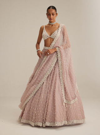 Ash pink pearl drop organza lehenga set