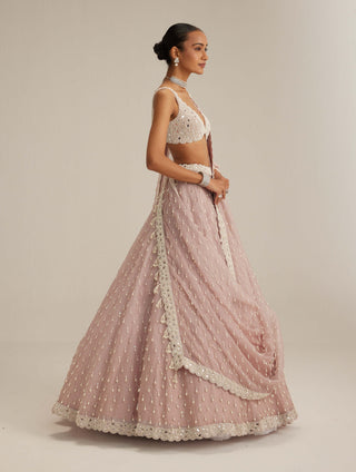 Ash pink pearl drop organza lehenga set