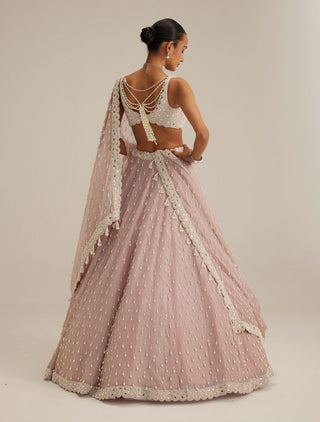 Ash pink pearl drop organza lehenga set